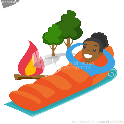 Image of African-american woman sleeping in a sleeping bag.