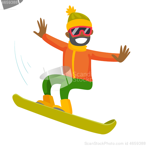 Image of Young black man riding a snowboard.