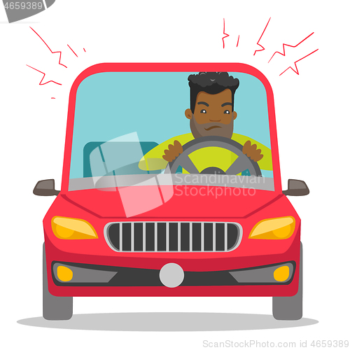 Image of Angry black man in car stuck in traffic jam.