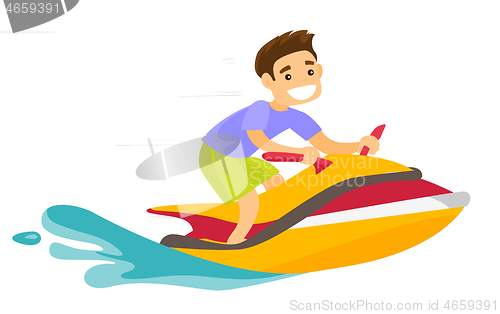 Image of Caucasian white man riding a jet ski scooter.