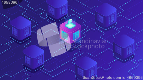 Image of Isometric blockchain cryptocurrency and data transfer concept.