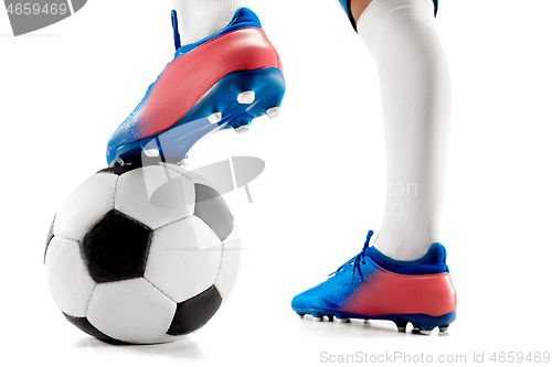 Image of legs of soccer player close-up isolated on white