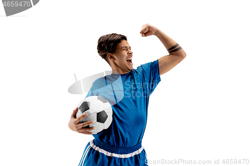 Image of Young fit boy with soccer ball standing isolated on white