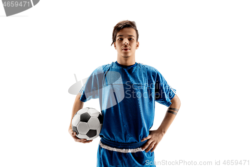 Image of Young fit boy with soccer ball standing isolated on white