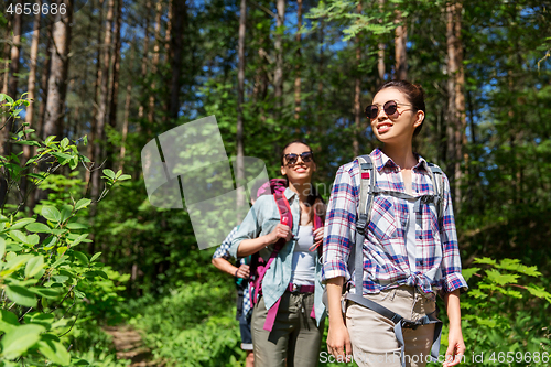 Image of group of friends with backpacks hiking in forest