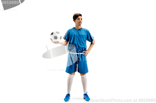 Image of Young fit boy with soccer ball standing isolated on white