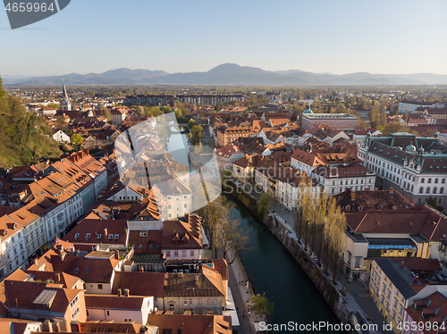 Image of Aerial drone panoramic view of Ljubljana, capital of Slovenia in warm afternoon sun