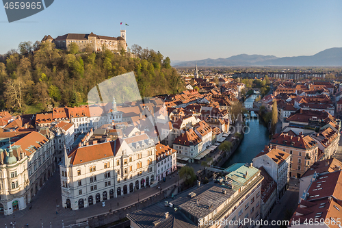 Image of Aerial drone panoramic view of Ljubljana, capital of Slovenia in warm afternoon sun