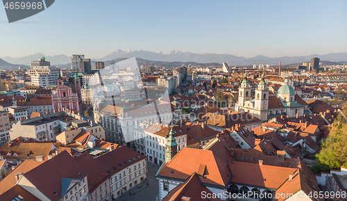 Image of Panoramic view of Ljubljana, capital of Slovenia, at sunset. Empty streets of Slovenian capital during corona virus pandemic social distancing measures in 2020