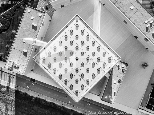 Image of Top aerial view of modern archiecture of islamic religious cultural centre in Ljubljana, Slovenia, Europe. Black and white image