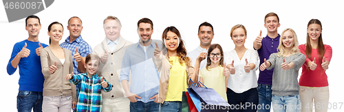 Image of woman with shopping bags and people show thumbs up