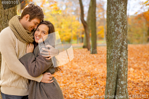 Image of smiling couple hugging in autumn park