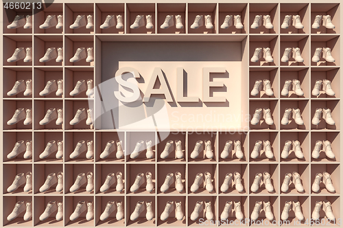 Image of 3D render of a shelf full of shoes levitating in cells