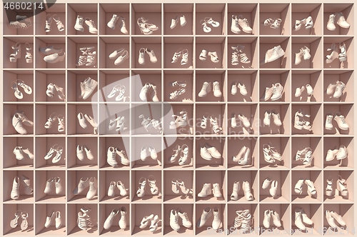 Image of 3D render of a shelf full of shoes levitating in cells