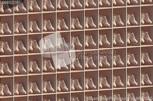 Image of 3D render of a shelf full of shoes levitating in cells