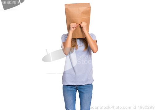 Image of Girl with paper bag over head