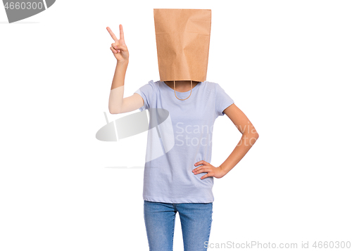 Image of Girl with paper bag over head