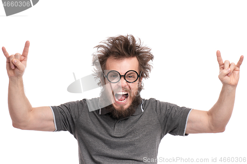 Image of Crazy bearded man emotions and signs