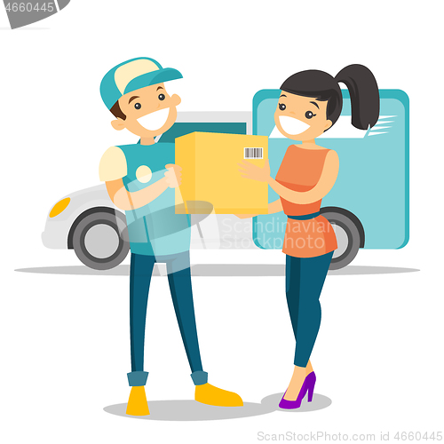 Image of A courier delivering a package to a woman.