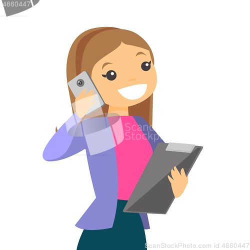 Image of White businesswoman negotiating on smartphone