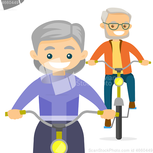 Image of An old couple riding bikes.