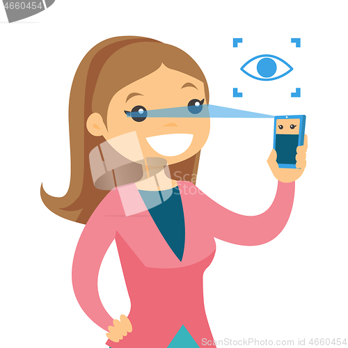 Image of White woman scanning eyes with smartphone