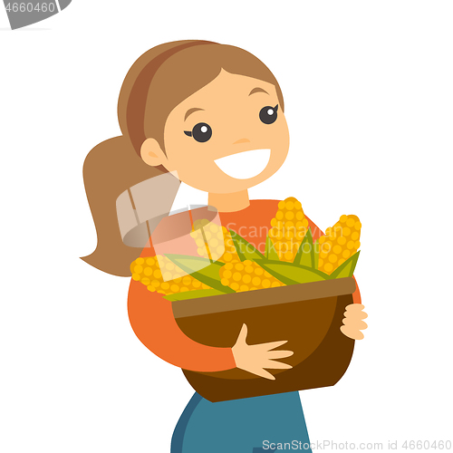 Image of A white happy woman with a basket of corncobs.