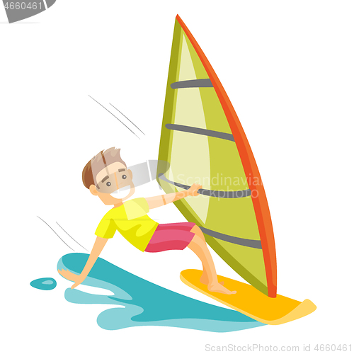 Image of White man rushing on a windsurfing board.