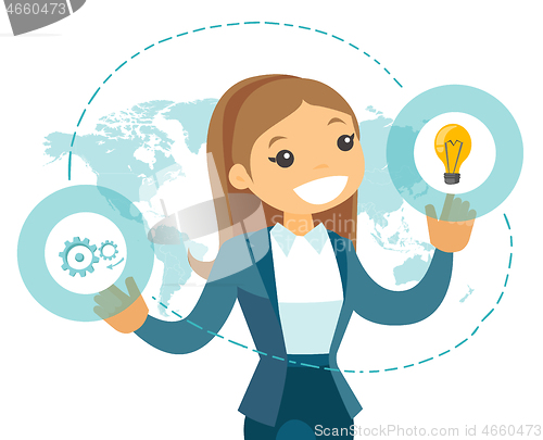 Image of A businesswoman with a lightbulb and a map as symbols of global 