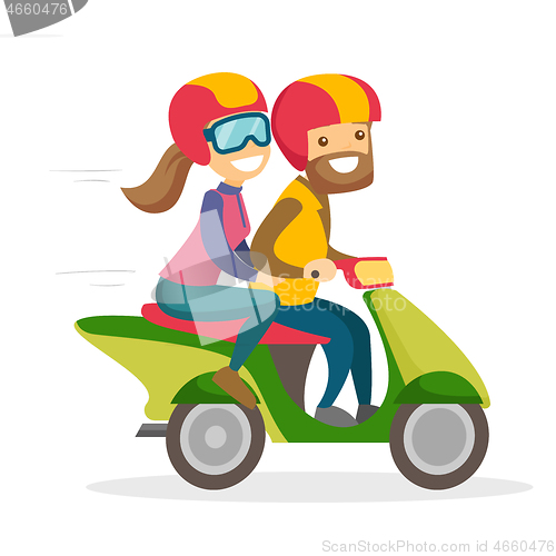 Image of A man and a woman riding a motorcycle.