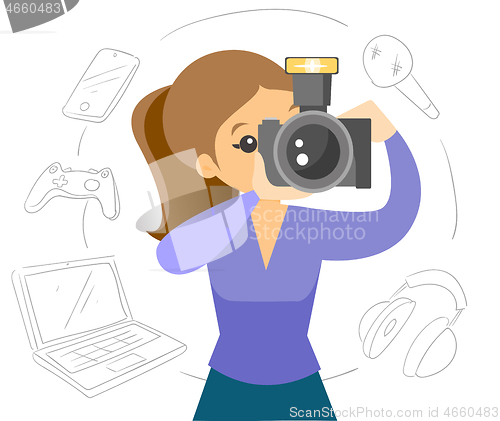 Image of White woman making a photo with modern camera