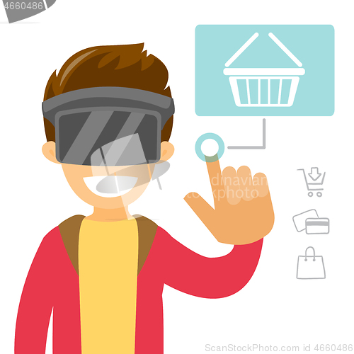 Image of A white man in virtual reality headset doing online shopping.