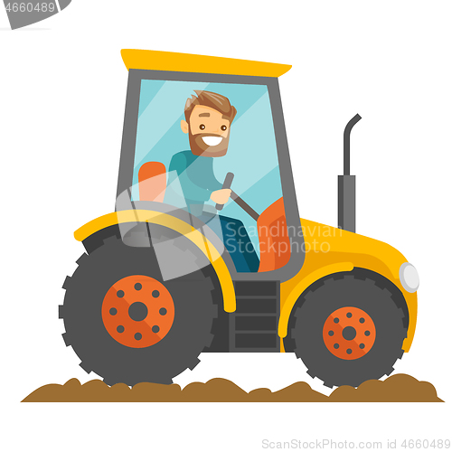 Image of A white happy farmer in tractor on a rural farm field.