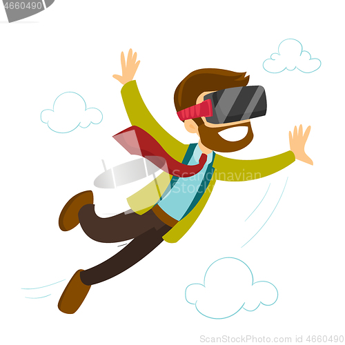 Image of A white man in virtual reality headset flying in the air.