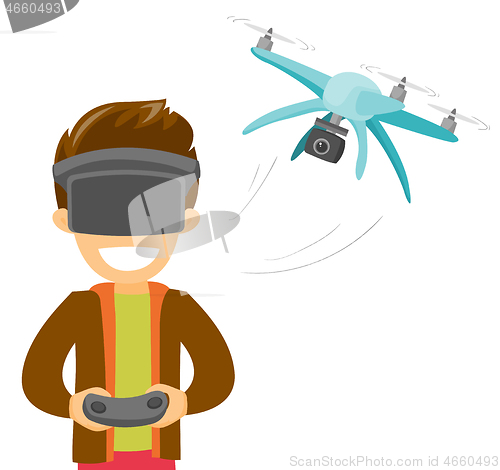 Image of A man in virtual reality hradset controlling a drone