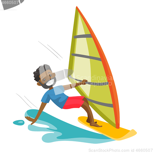 Image of Black man rushing on a windsurfing board.