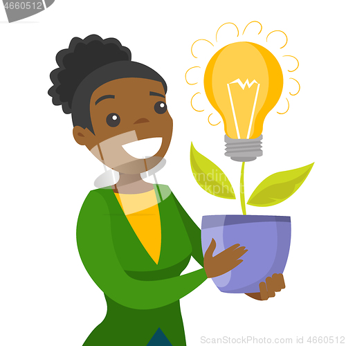 Image of A businesswoman with a lightbulb as a symbol of business idea.