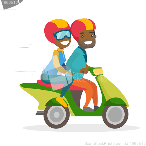 Image of A man and a woman riding a motorcycle.