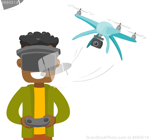 Image of A man in virtual reality hradset controlling a drone