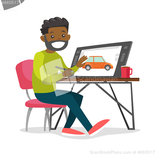 Image of A black man graphic designer works at the office desk.