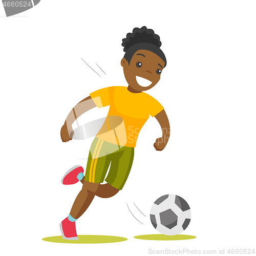 Image of Black soccer player kicking the ball.