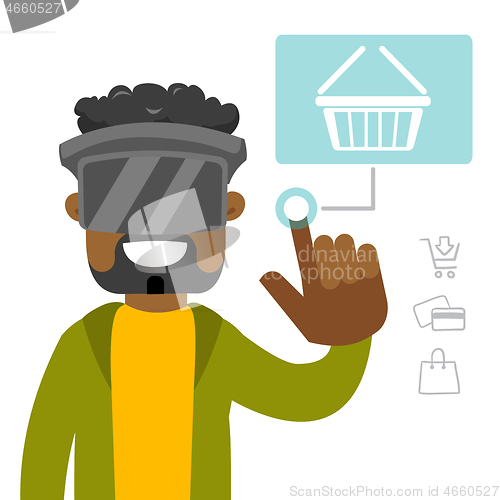 Image of A black man in virtual reality headset doing online shopping.