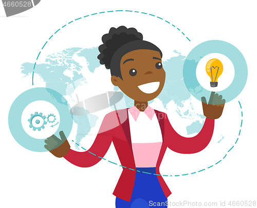 Image of A businesswoman with a lightbulb and a map as symbols of global business idea.