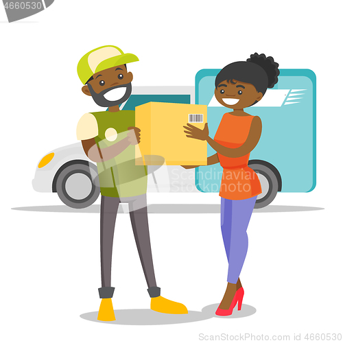 Image of A courier delivering a package to a woman.