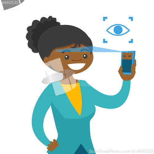 Image of Black woman scanning eyes with smartphone