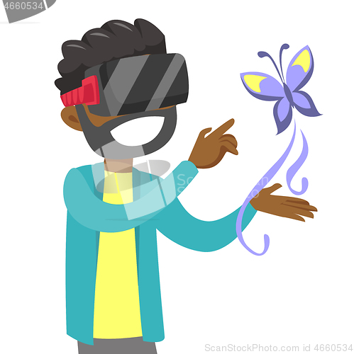 Image of Black man in VR headset uses augmented technology.