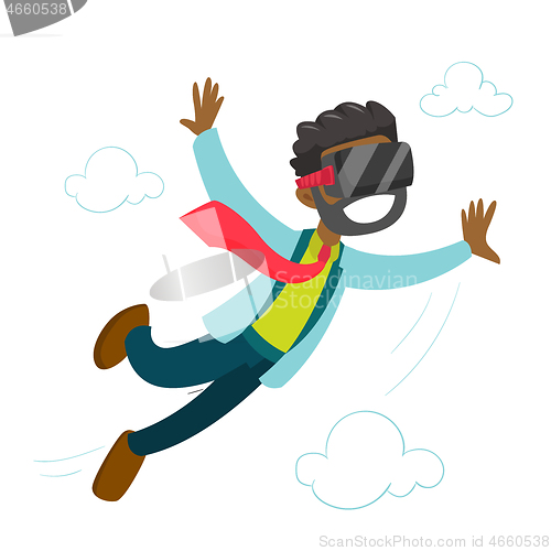Image of A black man in virtual reality headset flying in the air.