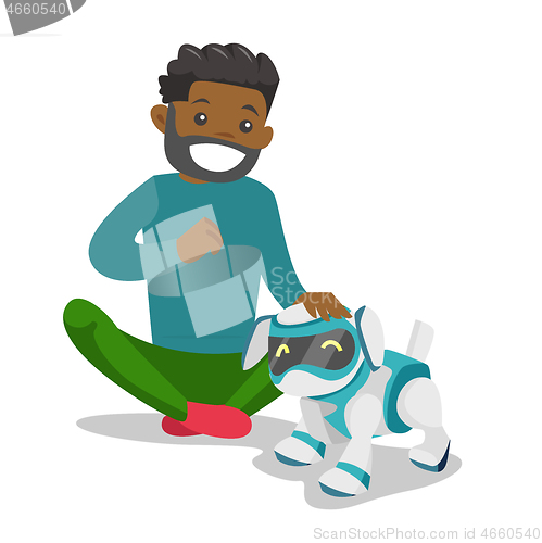 Image of Black man playing with dog robot