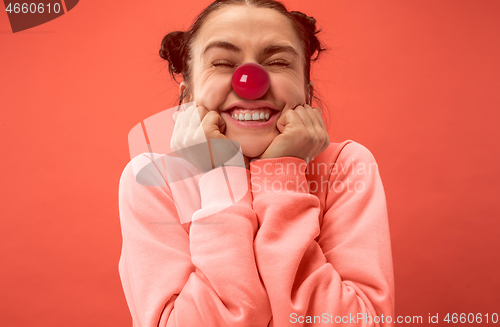 Image of Happy woman on red nose day.
