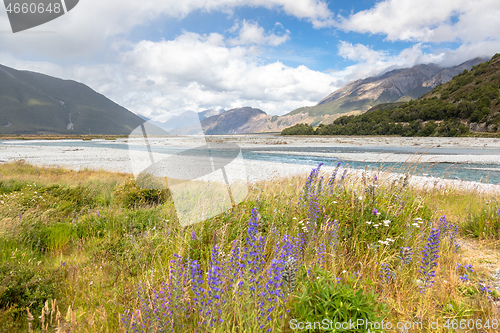 Image of riverbed landscape scenery Arthur\'s pass in south New Zealand